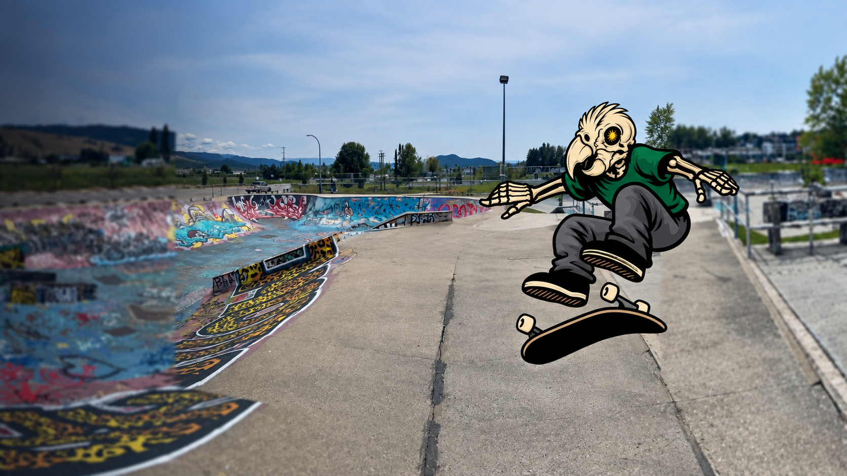 Skater and illustrated character at a SkateWarz event